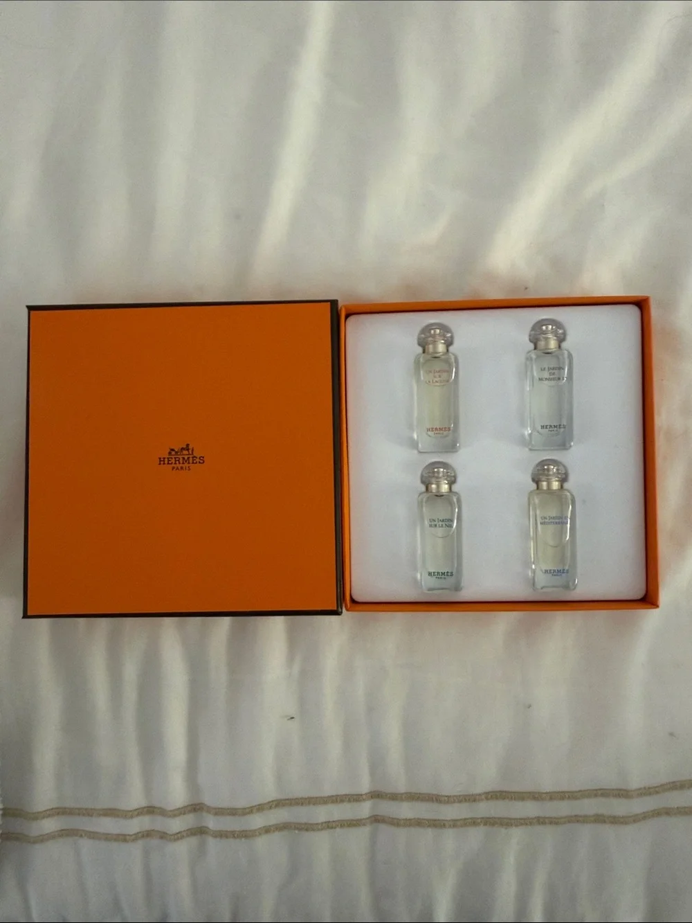 Hermes Vanity Set with Orange Presentation Box and Clear Glass Bottles